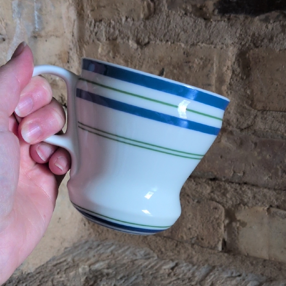 STARBUCKS I 2007 12 oz  Blue and Green Striped Ceramic Retro Diner Style Mug